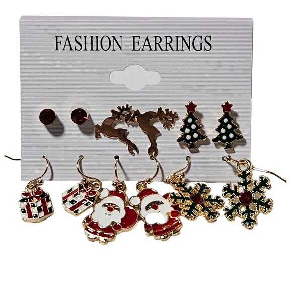 Holiday Themed Earrings Set Christmas Designs 6 Pairs Santa Claus Reindeer Party - Picture 1 of 5